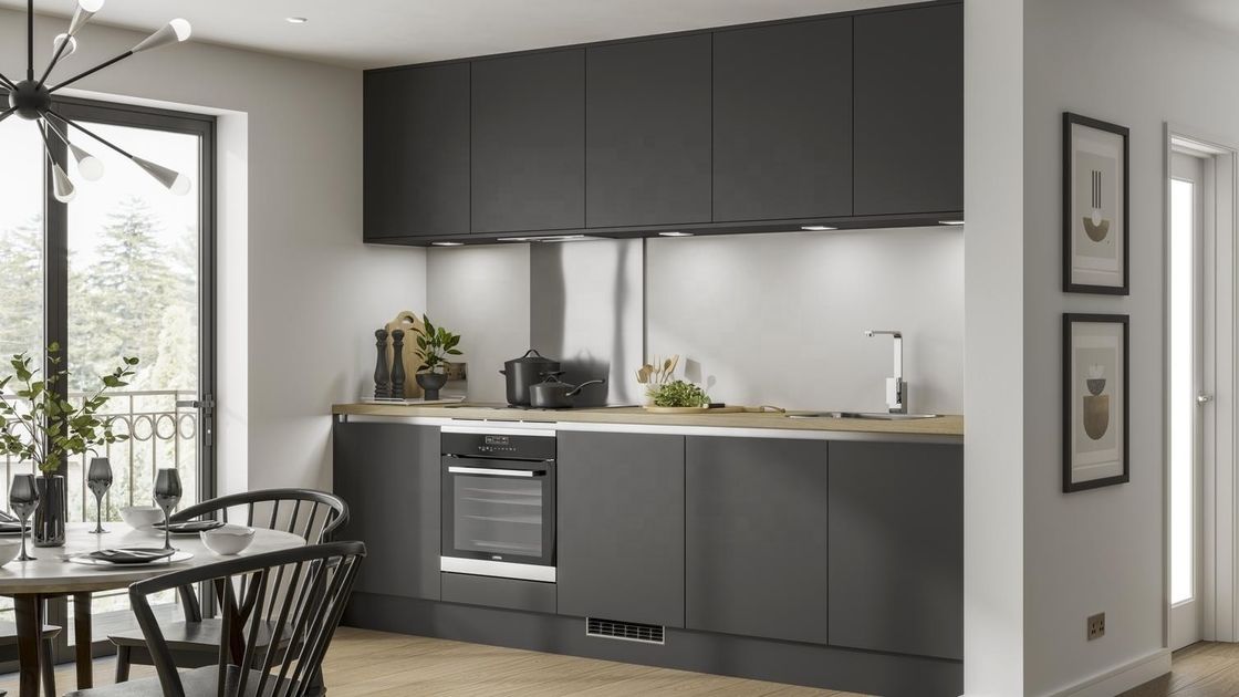 Keukenkast van villa/appartement met superduurzaam MR MDF-materiaal en matgrijze afwerking