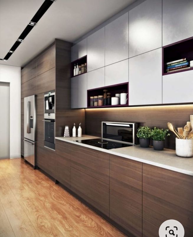 Gepersonaliseerde veneer kleur luxe keuken muurkas met kwarts steen toonbank