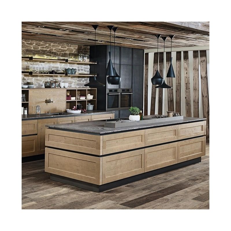 Keukenkastjes van massief hout met gebovelde kant, kant van het bureau en MDF-deurmateriaal