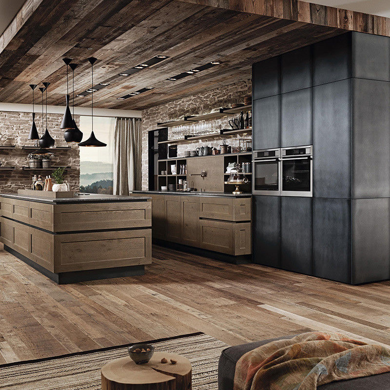 Keukenkastjes van massief hout met gebovelde kant, kant van het bureau en MDF-deurmateriaal