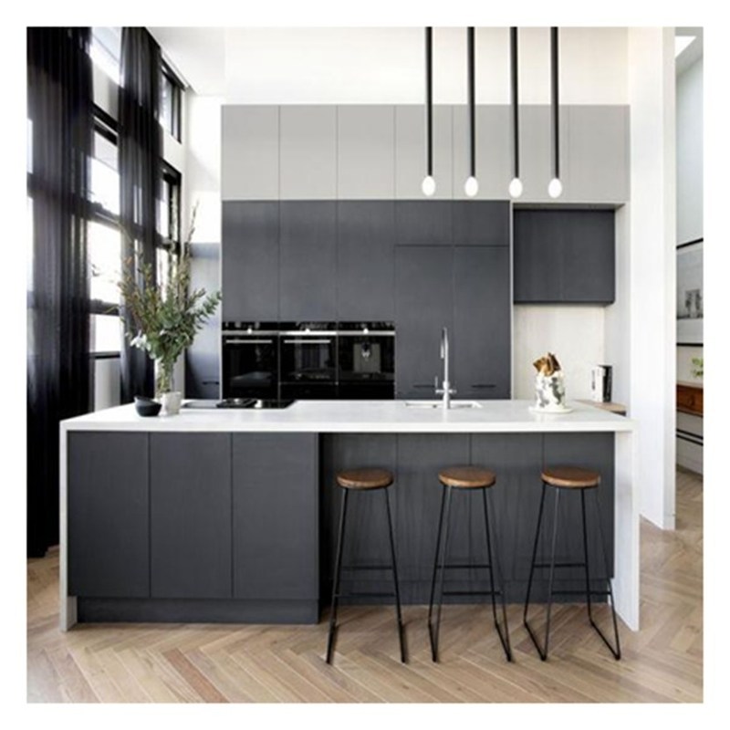 CAD/3D Vrije lichtgrijze matte lak Massieve houten keukenkastjes met midden-eiland