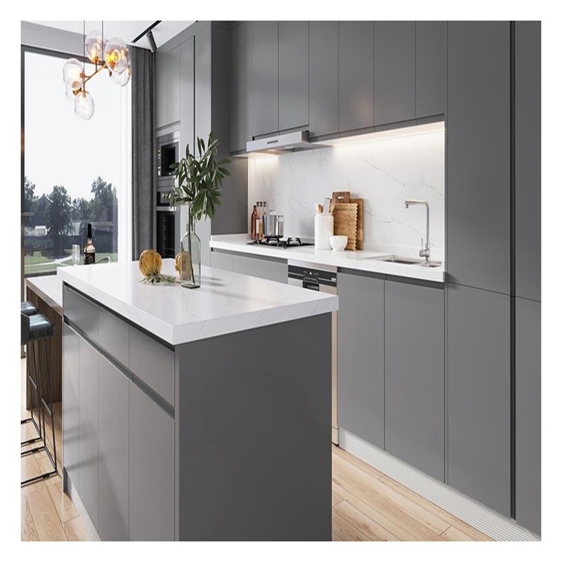 CAD/3D Vrije lichtgrijze matte lak Massieve houten keukenkastjes met midden-eiland