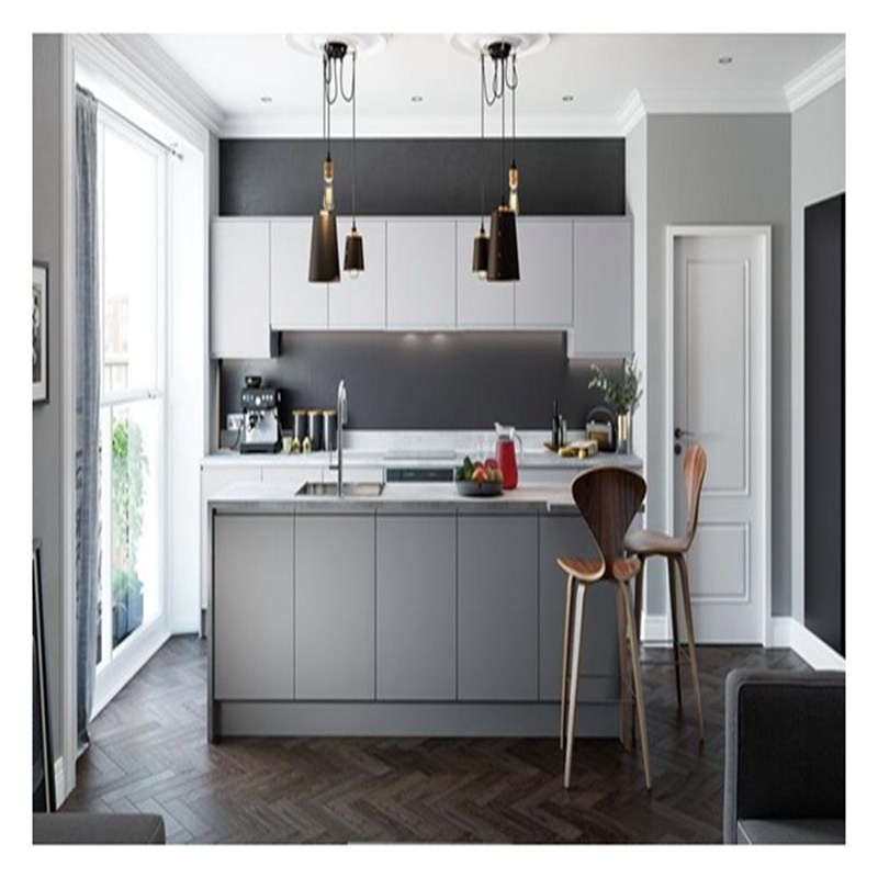 CAD/3D Vrije lichtgrijze matte lak Massieve houten keukenkastjes met midden-eiland