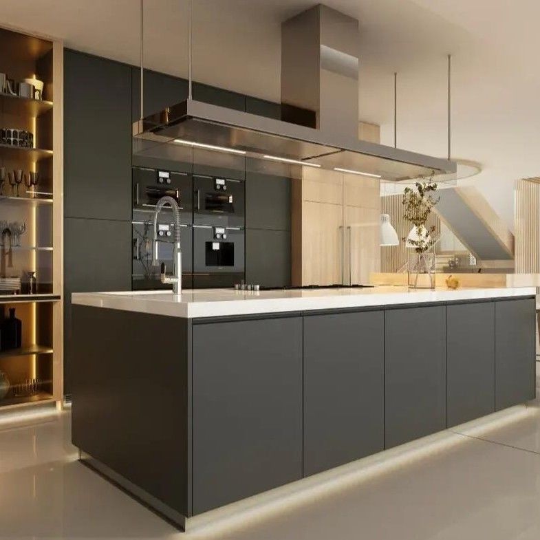 Blum Hardware Keuken Eiland Pantry kast met massief houten deurpaneel in zwart ontwerp