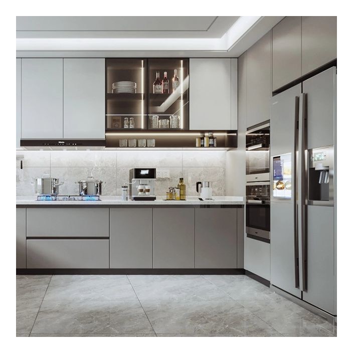 Moderne minimalistische plank massief houten kasten met aangepaste kleur en glazen fronten