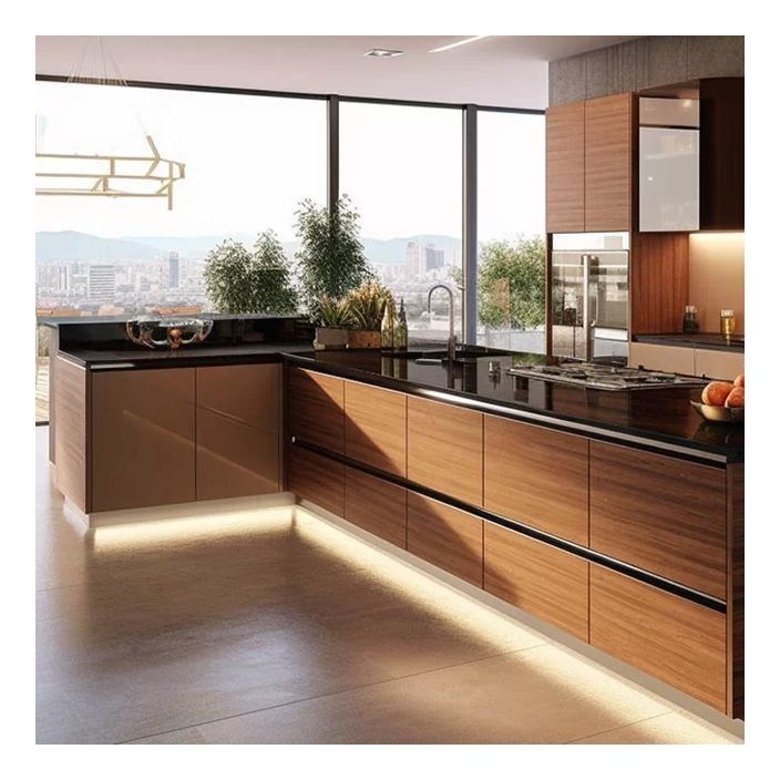 Moderne minimalistische plank massief houten kasten met aangepaste kleur en glazen fronten