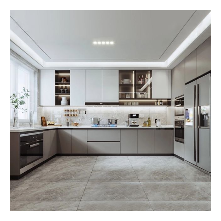 Moderne minimalistische plank massief houten kasten met aangepaste kleur en glazen fronten