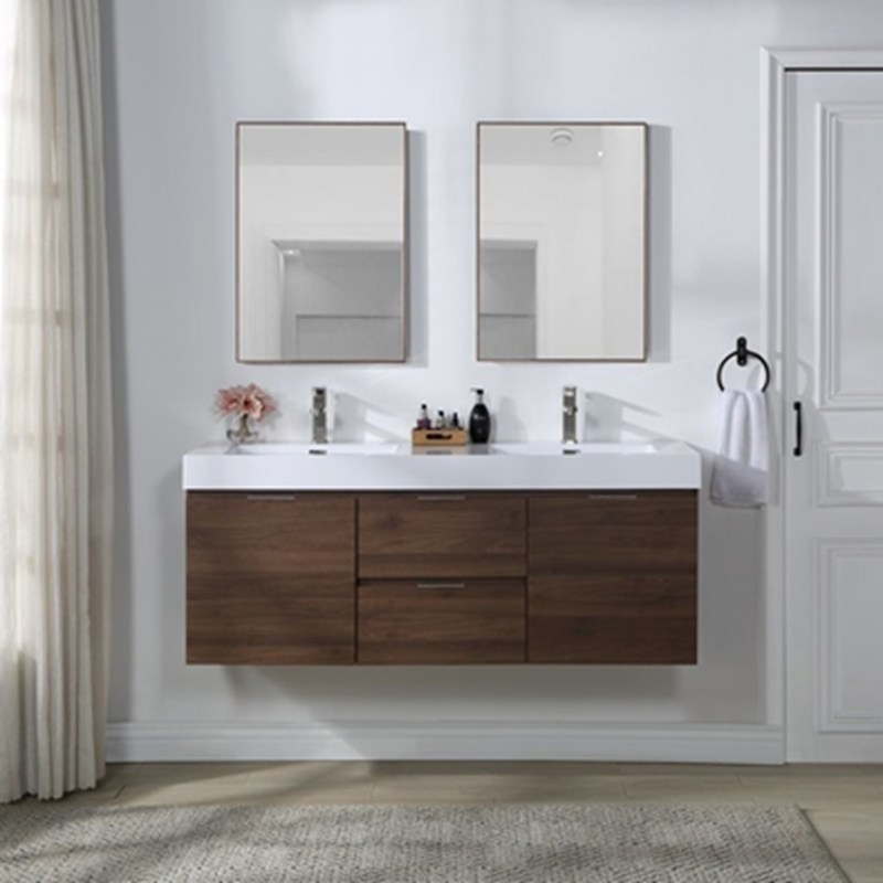 Moderne Euro-stijl badkamer vanity met hout graan drijvende vanity en zilveren spiegel