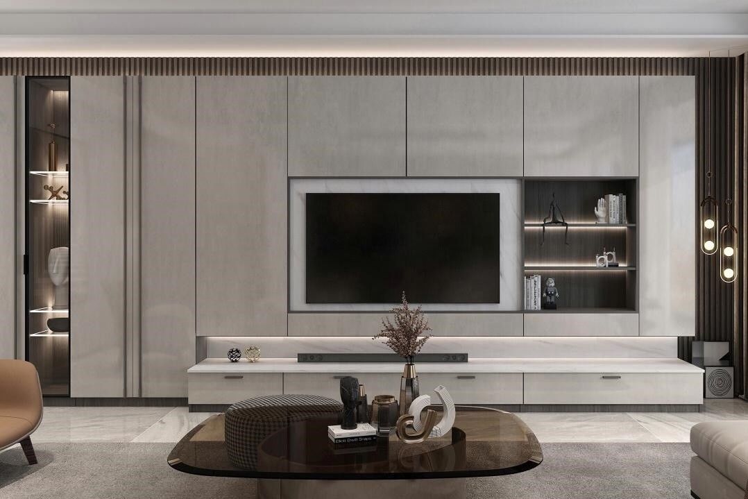 2022 Home Interieur Wand Decoratie Ideeën Moderne woonkamer Hout PANEL TV Kas Design