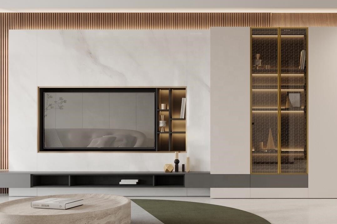 2022 Home Interieur Wand Decoratie Ideeën Moderne woonkamer Hout PANEL TV Kas Design