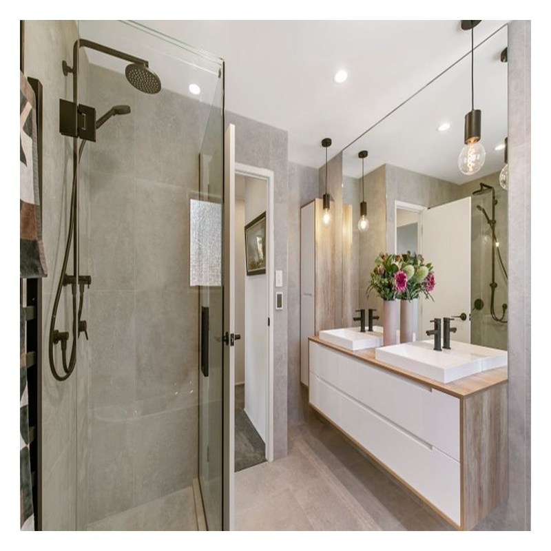 Aangepaste kleuren hoge glans acryl badkamerkas met dubbele gootsteen en wandmontage