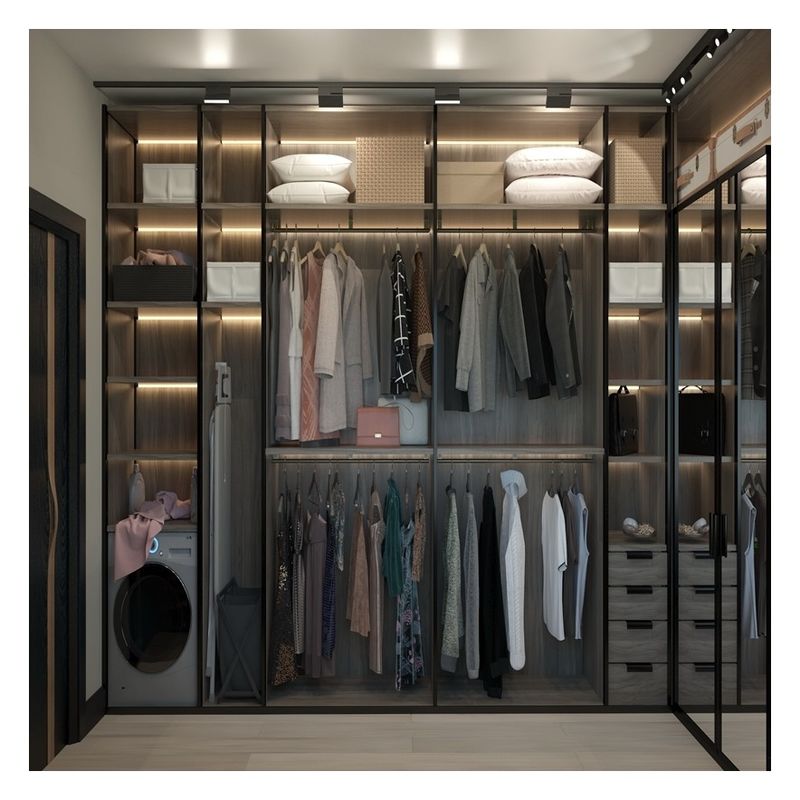 Moderne design stijl Houten minimalistische garderobe met glazen deurpaneel en lichtstrook