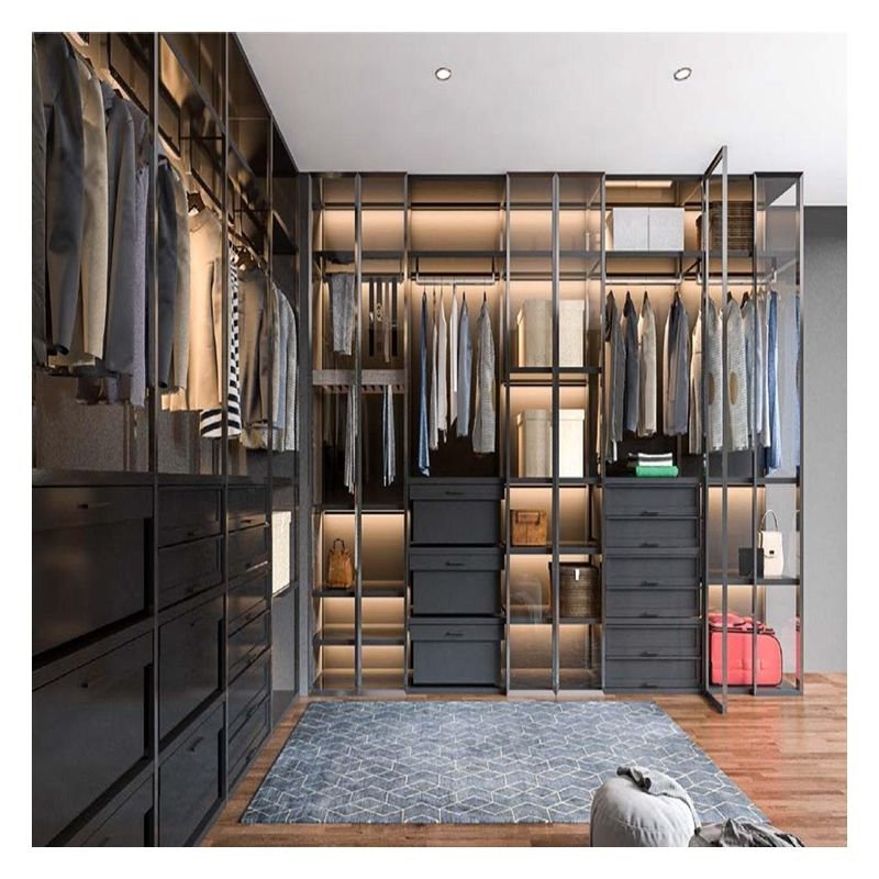 Moderne design stijl Houten minimalistische garderobe met glazen deurpaneel en lichtstrook