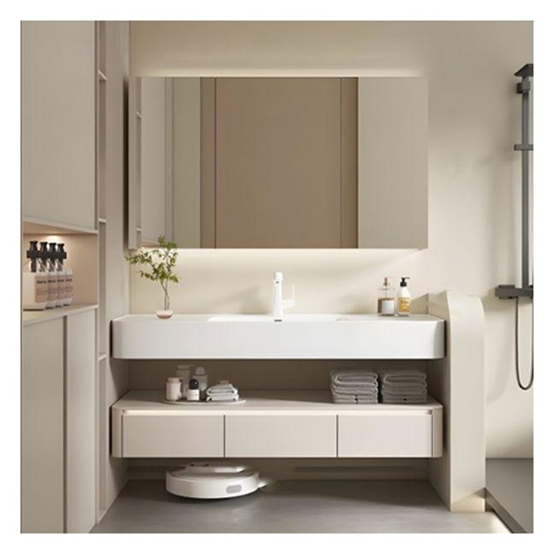 Floating White Lacked Vanity Combo met afgerond bureau en solide houten deuren