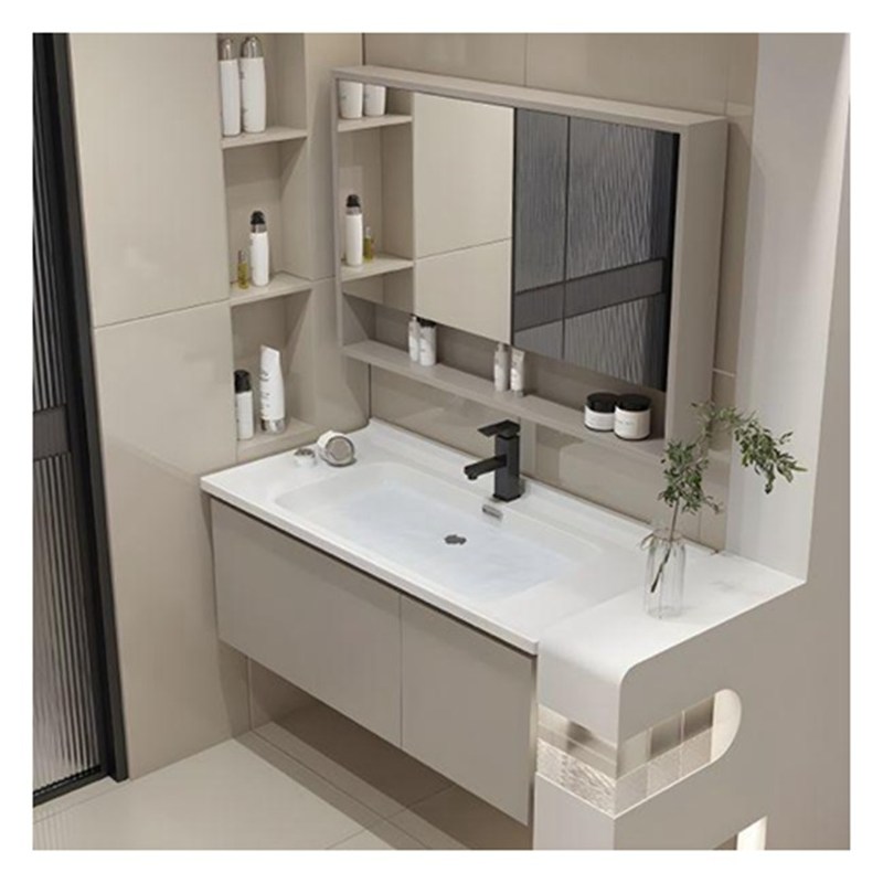 Floating White Lacked Vanity Combo met afgerond bureau en solide houten deuren