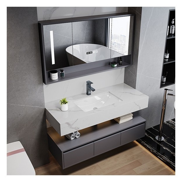 Gepersonaliseerde eenpersoons badkamer met slimme spiegel Minimalistische massief houten kast