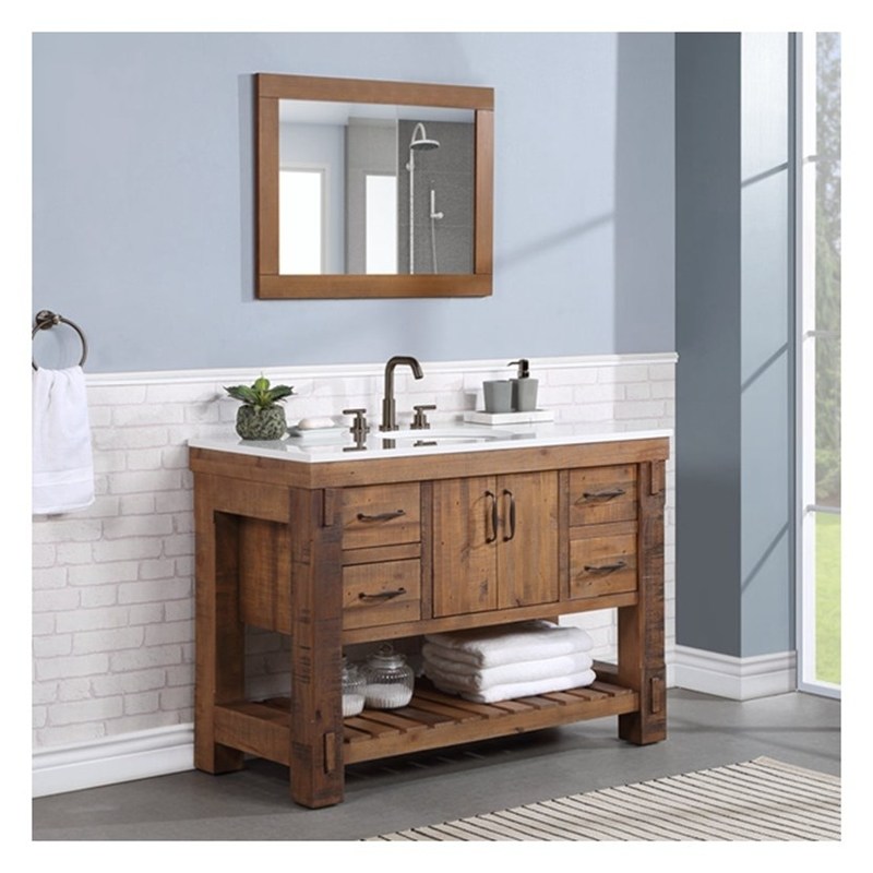 Massivhouten badkamerkas met zilveren spiegel en vintage stijl