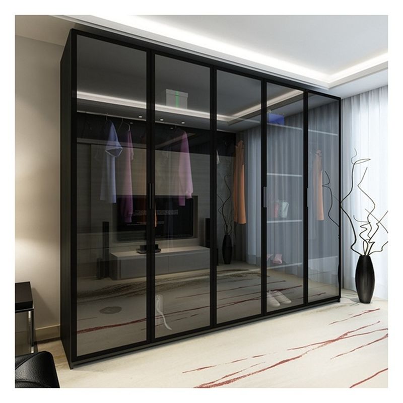 Home Meubelen Moderne Zwarte Aluminium Framed Glass Panels Solid Wood Garderobe met Light Bar Decoratie