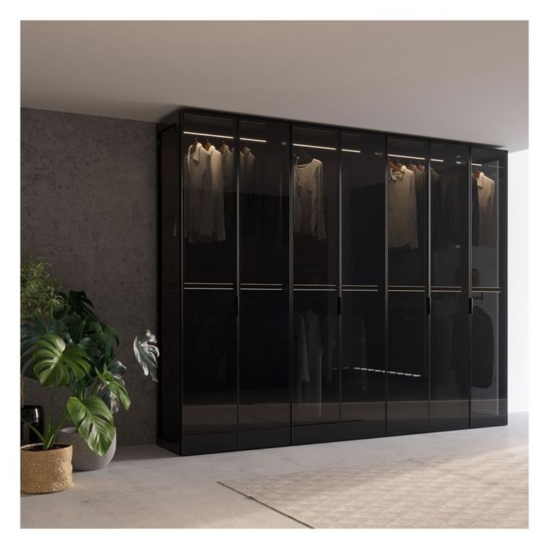 Home Meubelen Moderne Zwarte Aluminium Framed Glass Panels Solid Wood Garderobe met Light Bar Decoratie