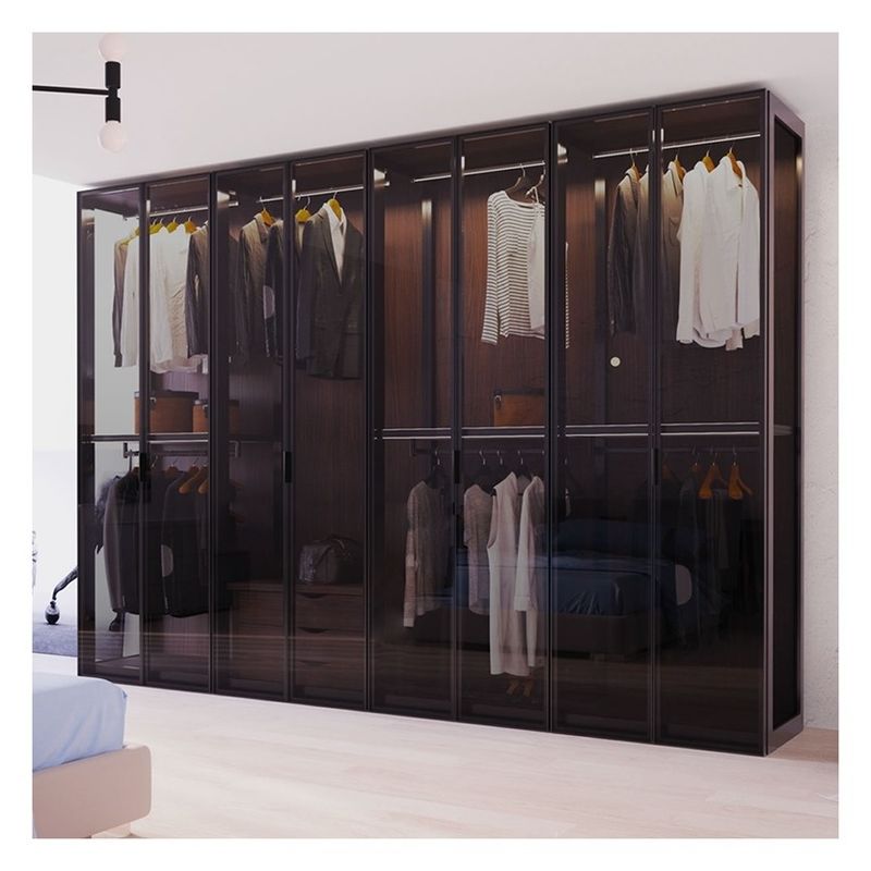 Home Meubelen Moderne Zwarte Aluminium Framed Glass Panels Solid Wood Garderobe met Light Bar Decoratie