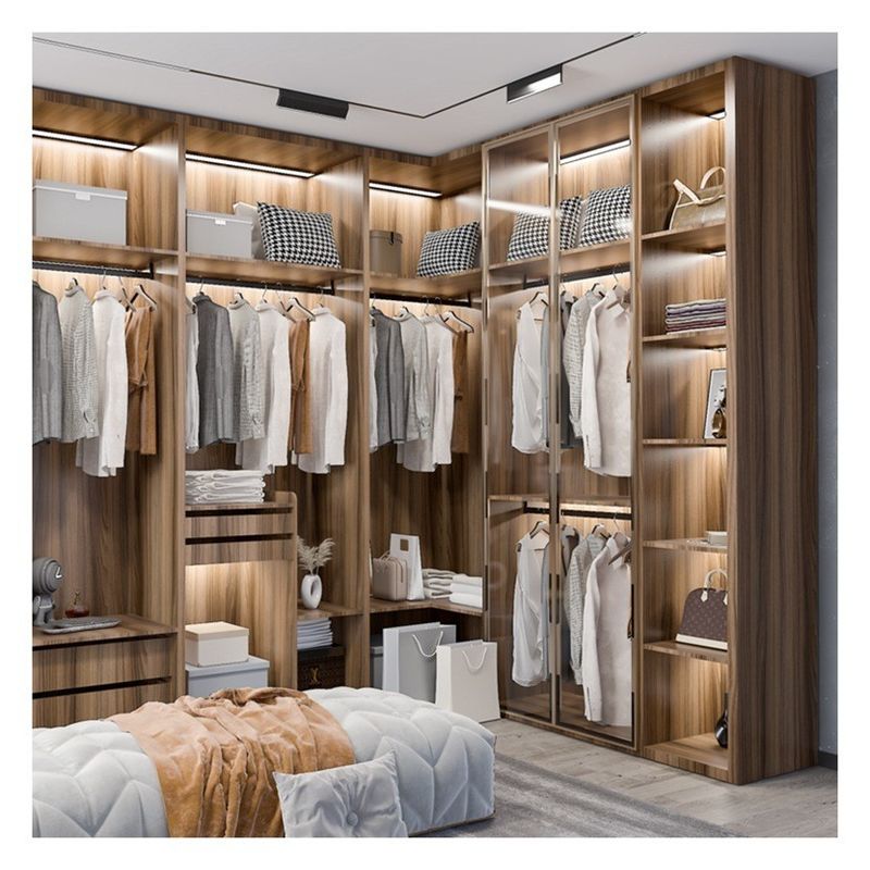 Home Meubelen Moderne Zwarte Aluminium Framed Glass Panels Solid Wood Garderobe met Light Bar Decoratie