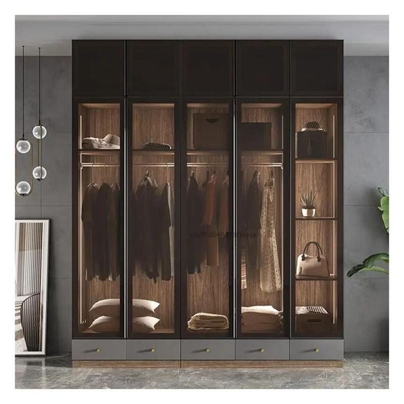 Home Meubelen Moderne Zwarte Aluminium Framed Glass Panels Solid Wood Garderobe met Light Bar Decoratie