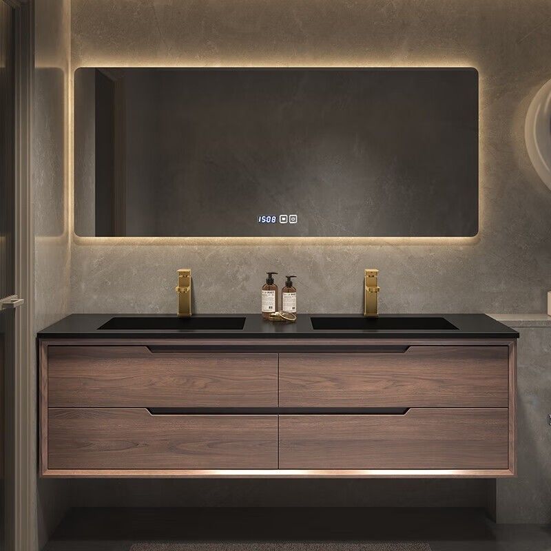 Metalen raam Wand gemonteerd badkamerkas vanity set met dubbele gootsteen en zilveren spiegel