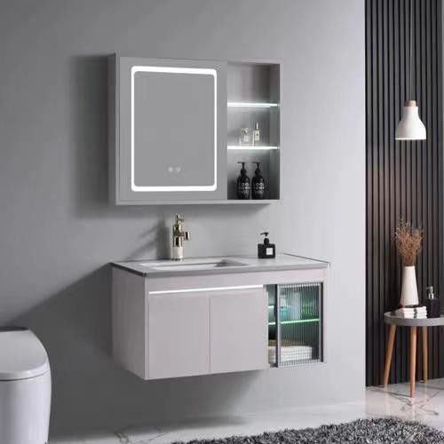 Drijvende make-up spiegel metalen frame ijdelheid badkamer kast set met handle-free ontwerp