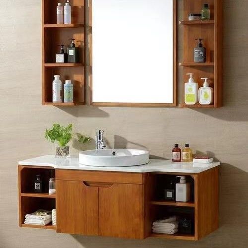 Moderne ronde led spiegel schuifkast van massief hout Combo badkamer wasbak met materialen