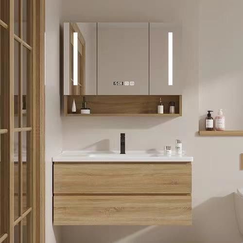 38-46 in Breedte Massivhouten Badkamer Vanity met Zilveren Spiegel en Contemporary Design