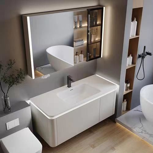 YALIG Customized Counter Wash Basin Houten Witte Kas Badkamer Vanity Kasten Met Zilveren Spiegel